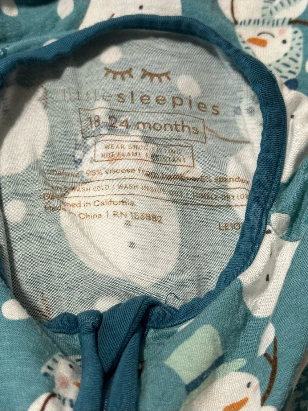 Little Sleepies Sz 18 24 Teal Snowman One Snow Much Fun One Piece Zipper Pajamas